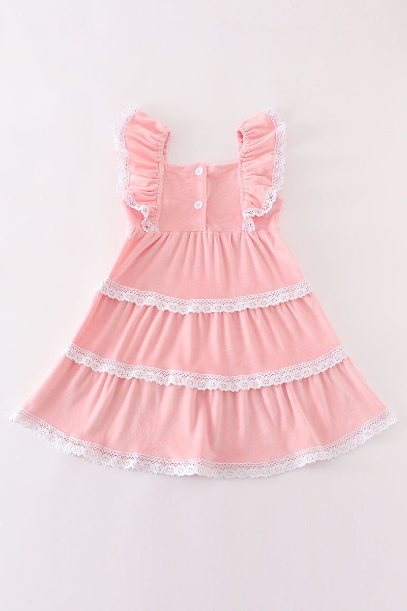 Pink velvet pumpkin embroidery tiered dress