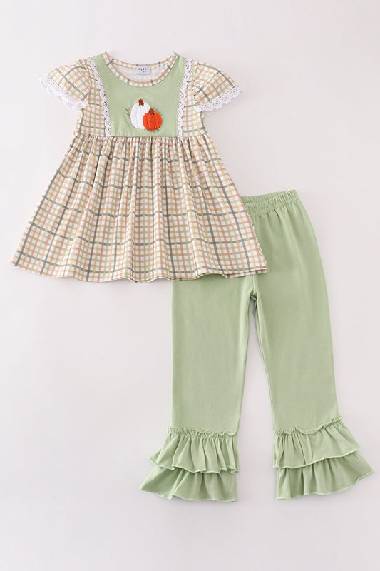 Sage pumpkin french knot girl pants set