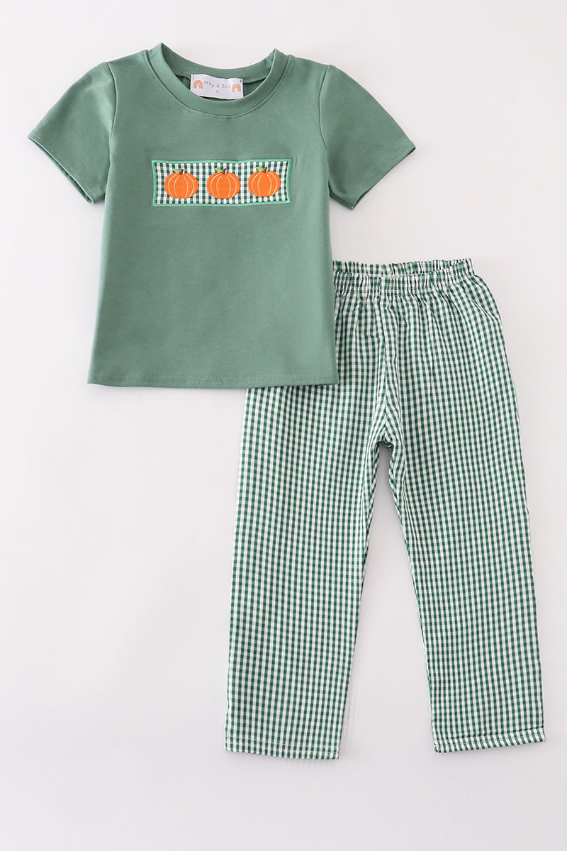 Green gingham pumpkin embroidery boy set