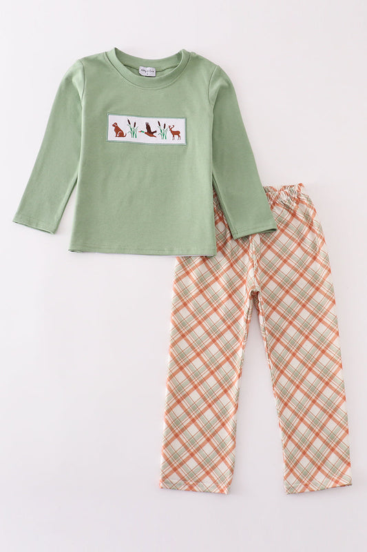 Green hunting duck embroidery boy set