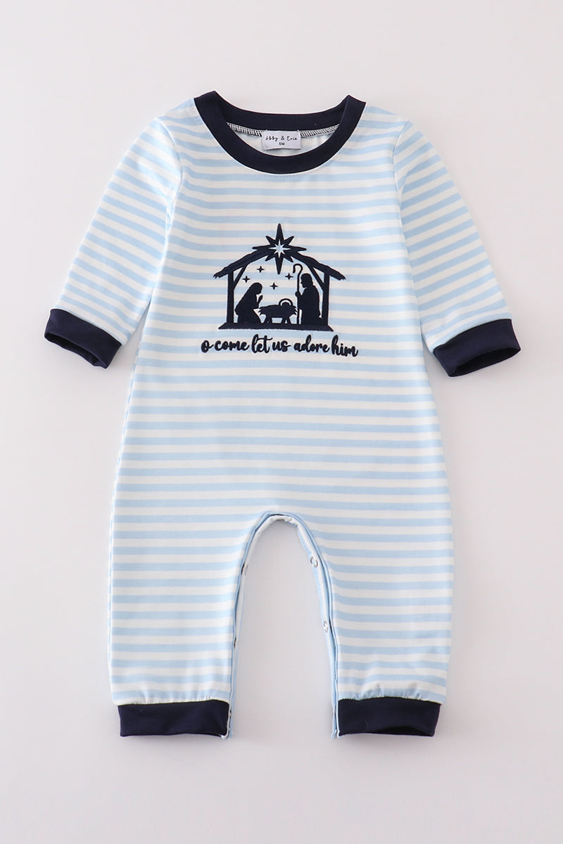 Navy plaid nativity embroidery boy romper