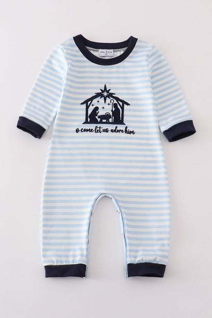 Navy plaid nativity embroidery boy romper