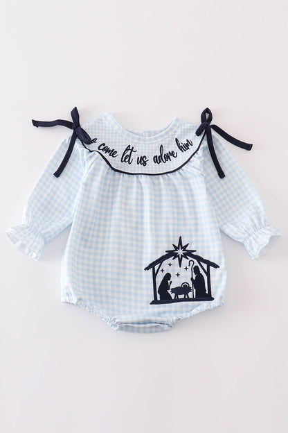 Navy plaid nativity embroidery girl bubble