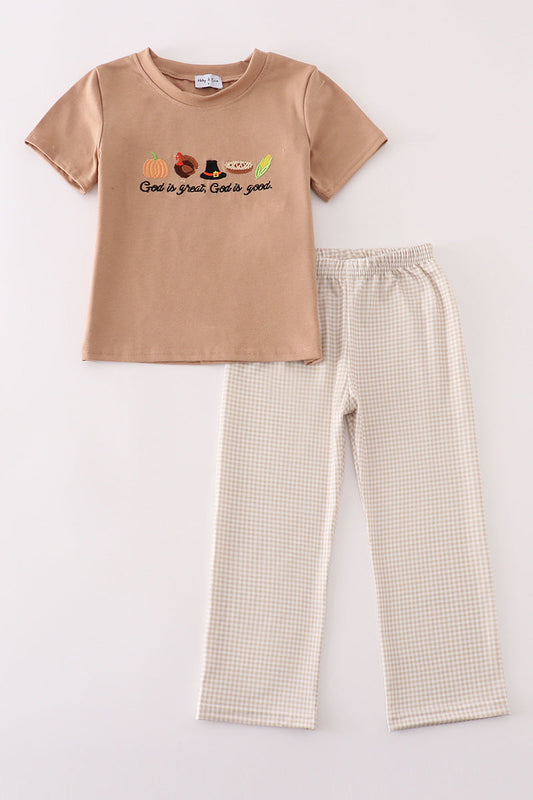 Khaki thanksgiving turkey embroidery boy set