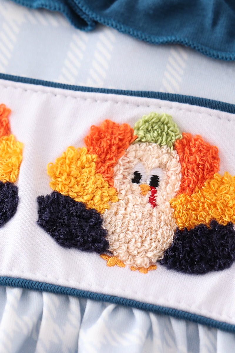 Blue thanksgiving turkey french knot girl set