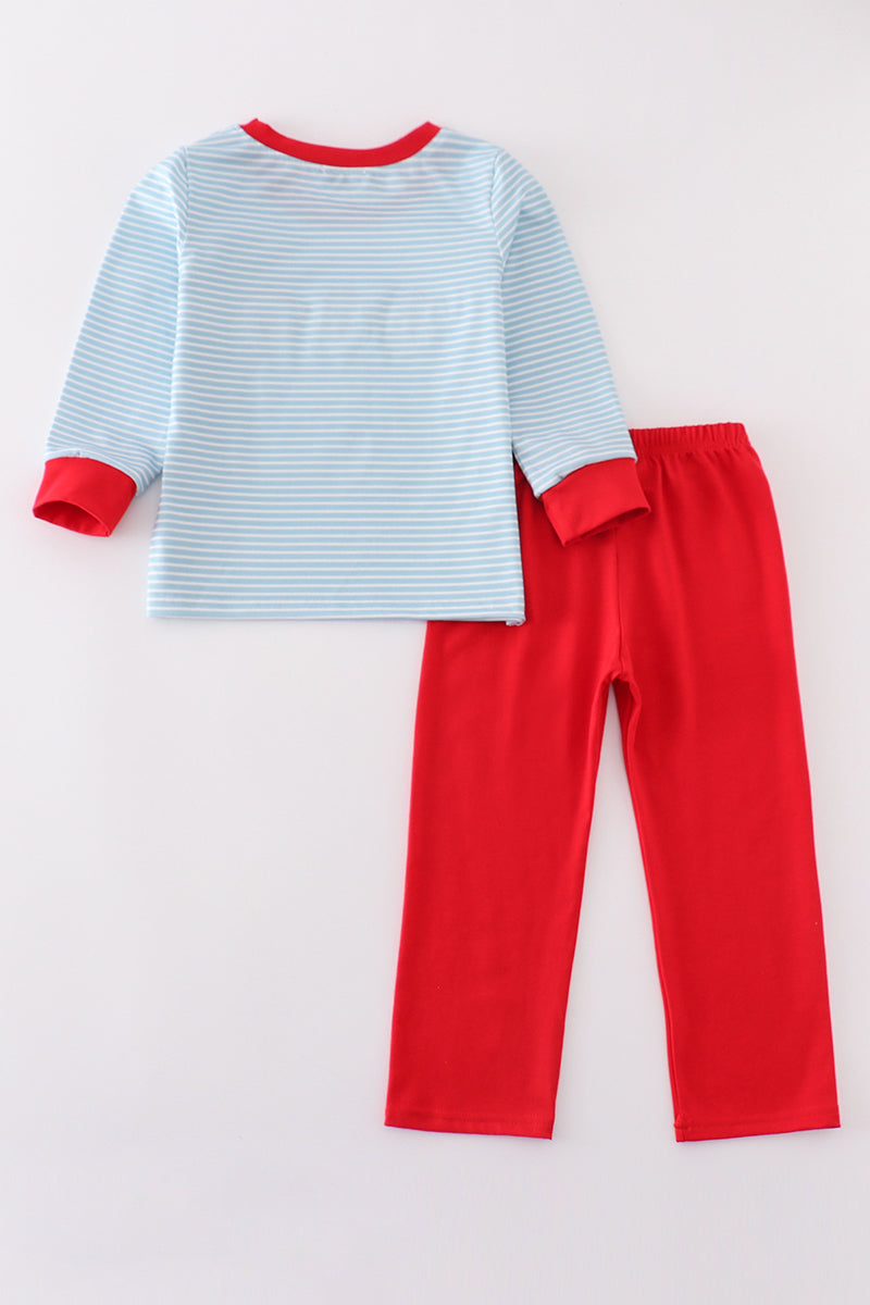 Blue stripe santa claus embroide boy set