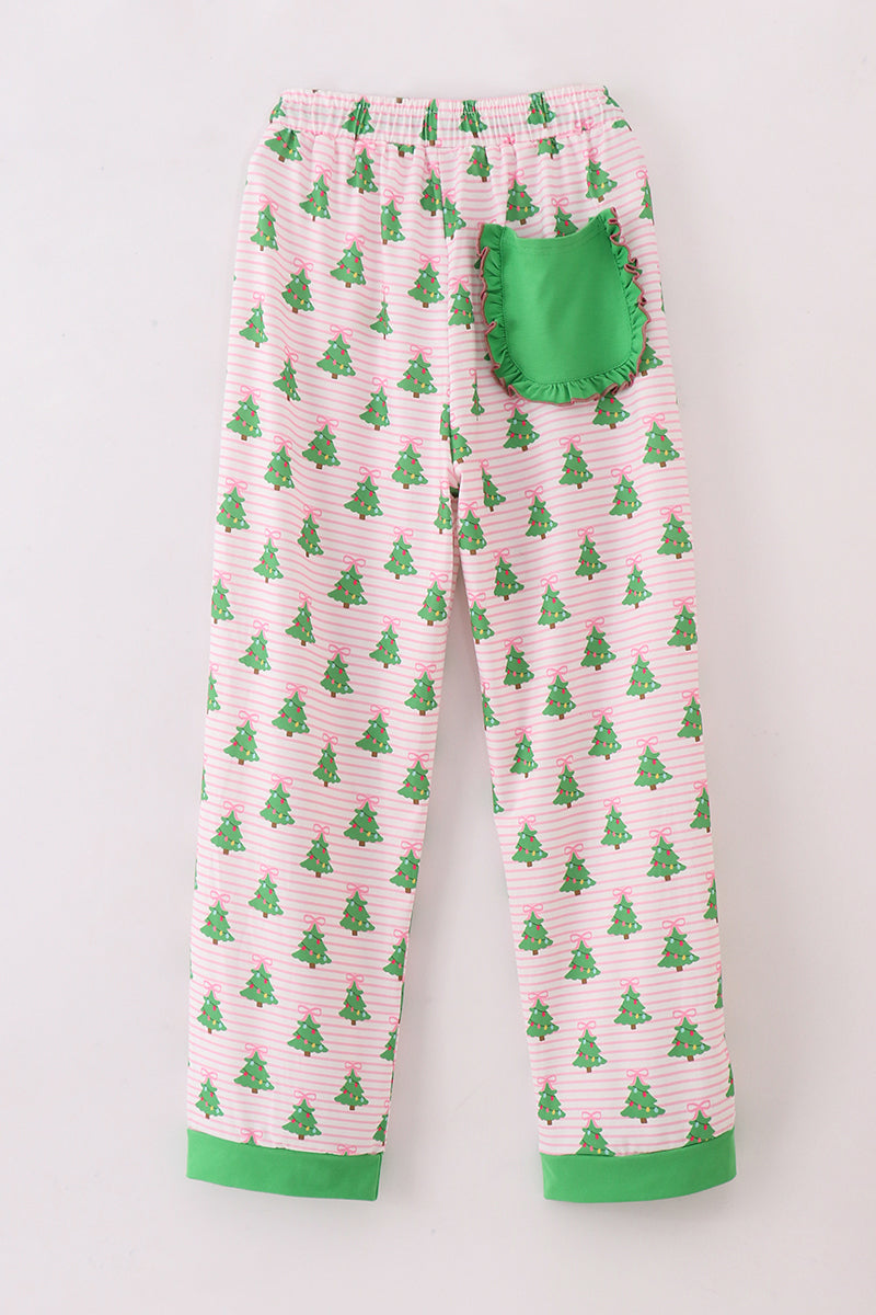 Green christmas tree print ruffle mom pajamas pants