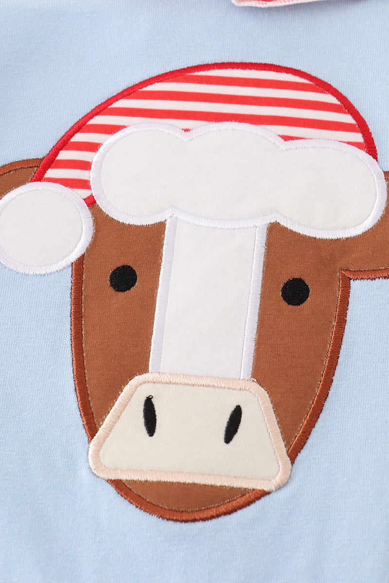 Blue christmas cow applique girl dress