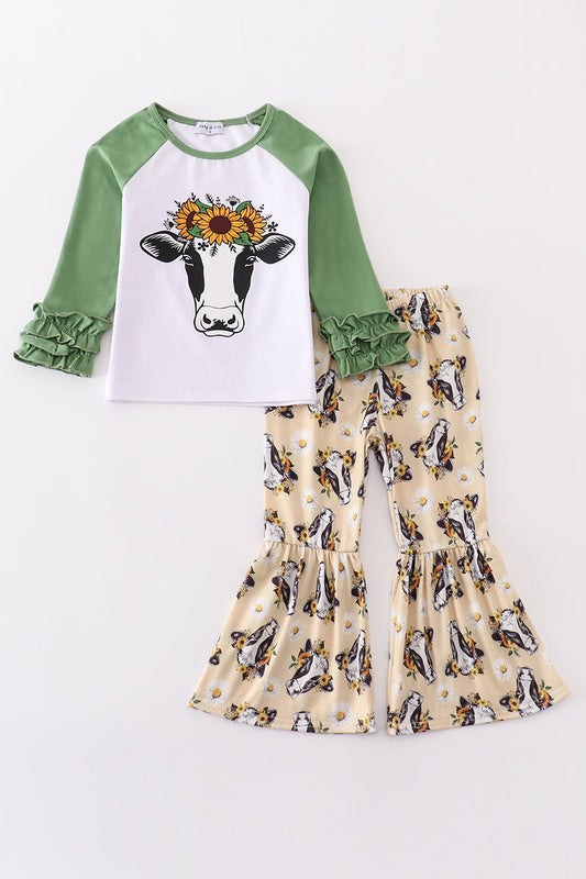 Green cow print girl set