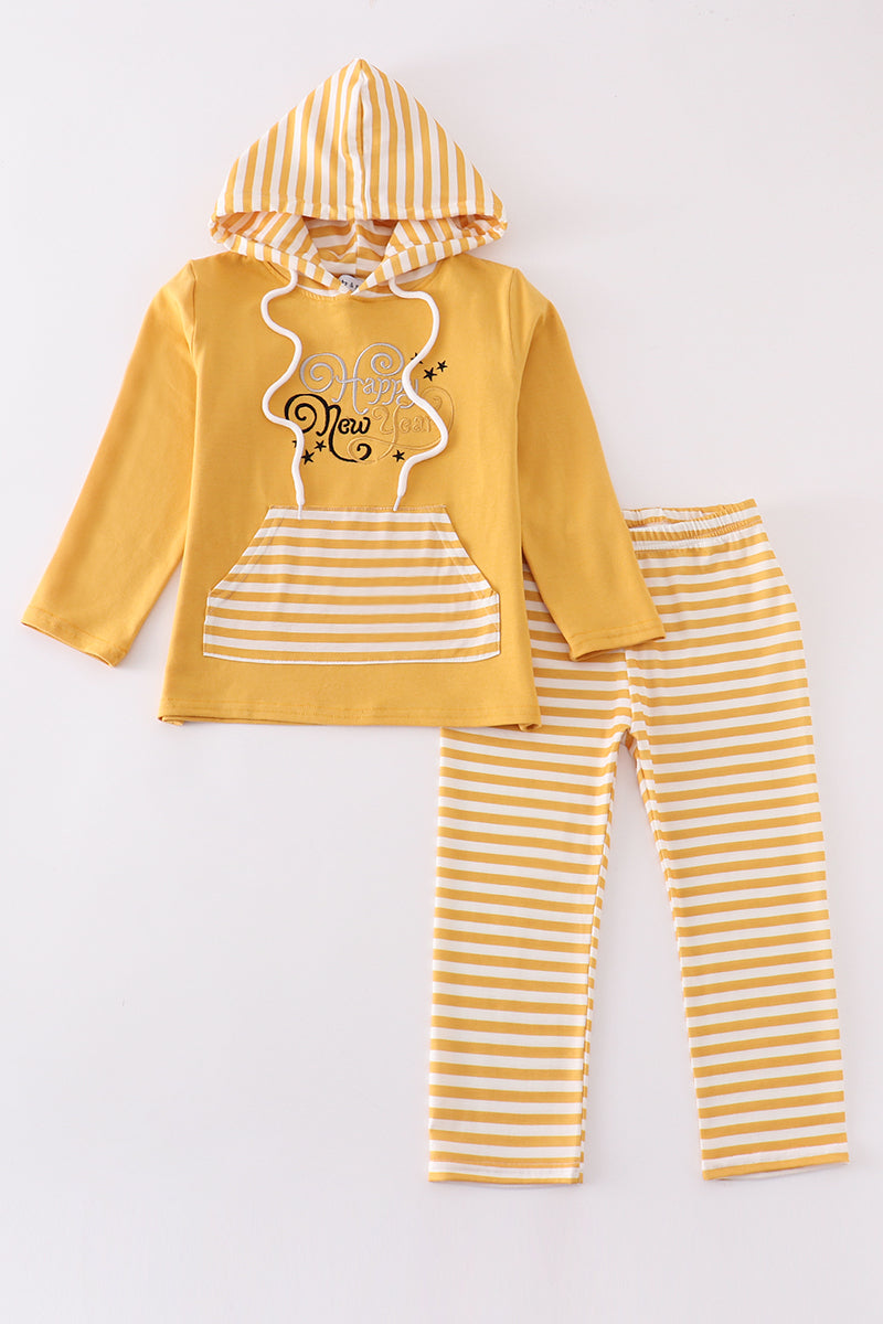 Mustard happy new year embroidery boy hoodie set