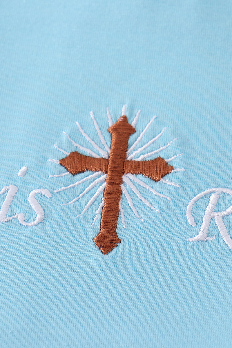 Blue he is risen cross embroidery boy set