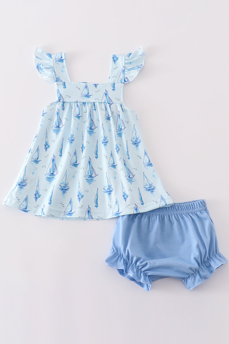 Blue sailboat print girl bloomer set