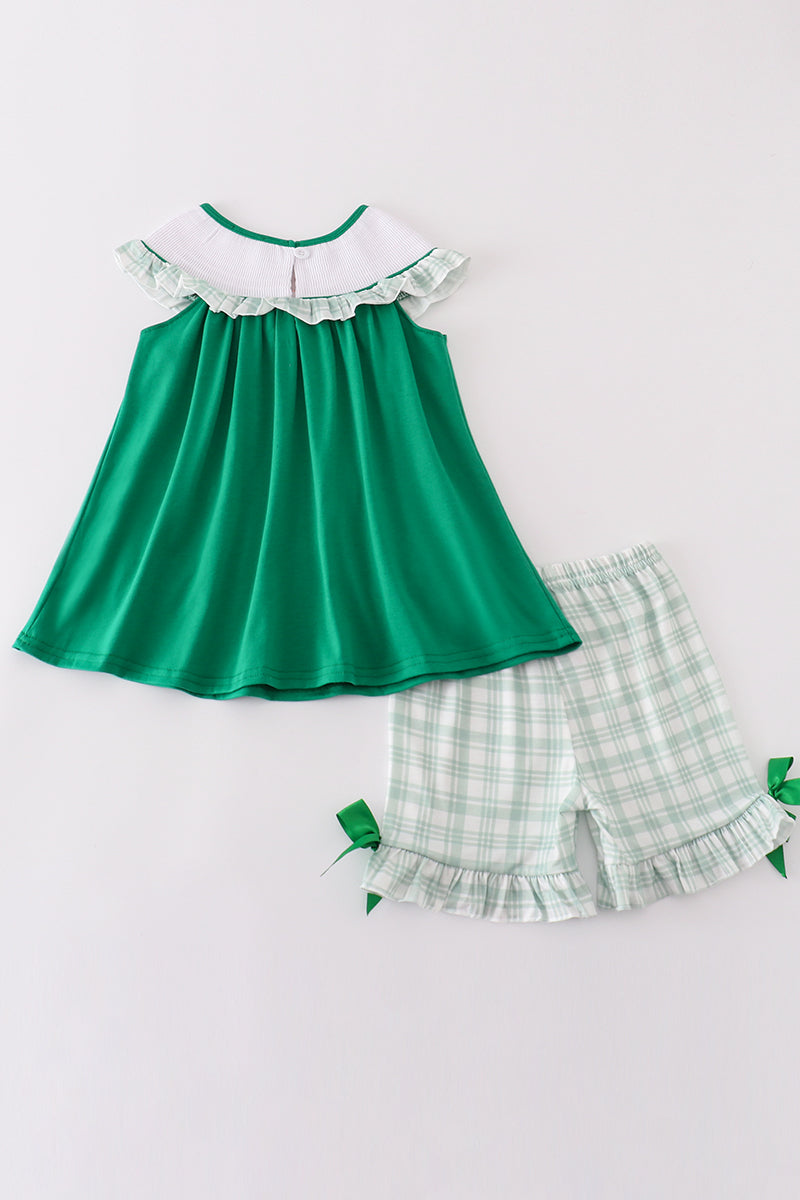 Green farm embroidery smocked girl set