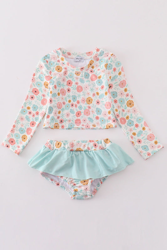 Minty floral bloom print 2pc girl long sleeve swimsuit