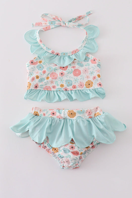 Minty floral bloom print 2pc girl swimsuit