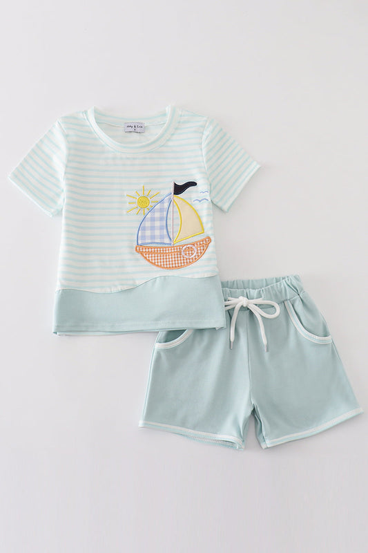 Blue stripe sailboat applique boy set