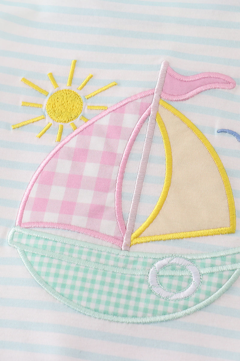 Blue stripe sailboat embroidery girl set