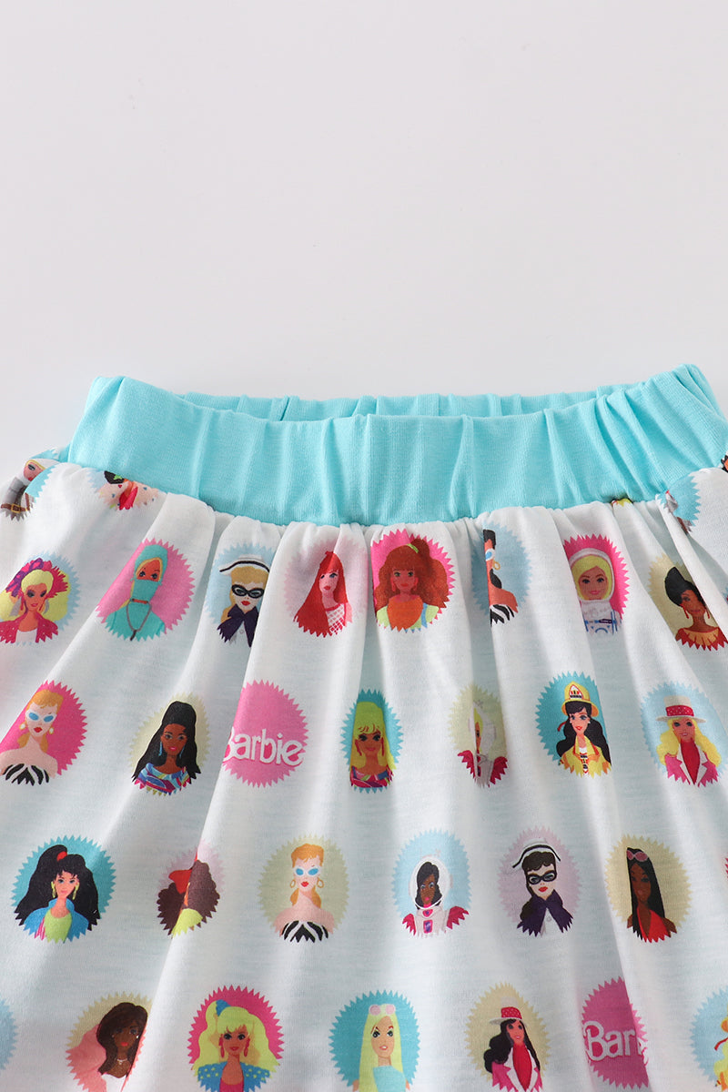 Mint barbie print girl skorts set