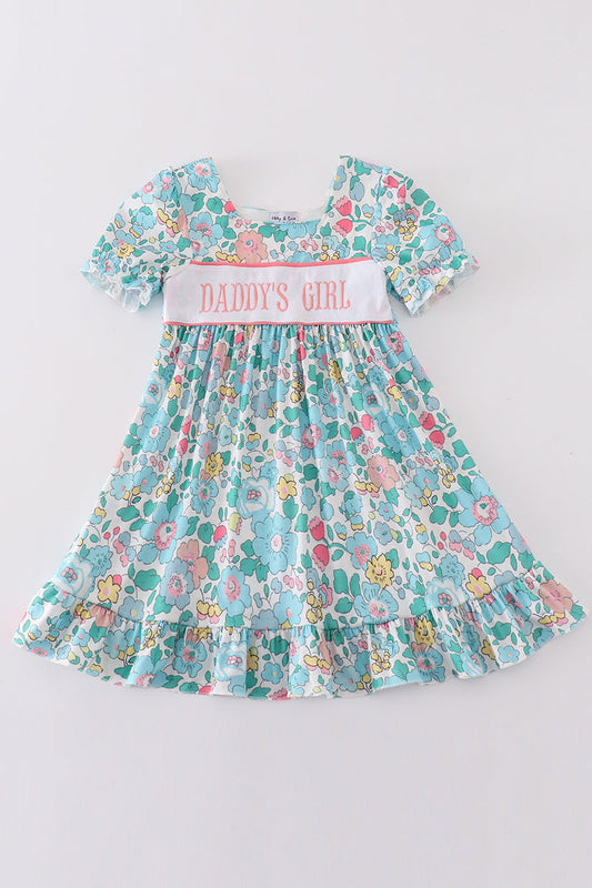 Green floral daddy's girl embroidery girl dress