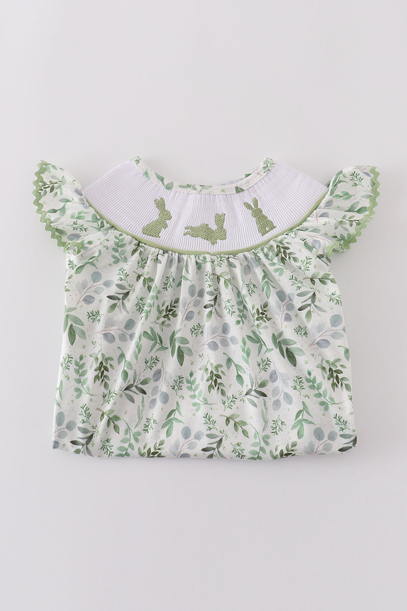 Sage leaf bunny embroidery smocked set