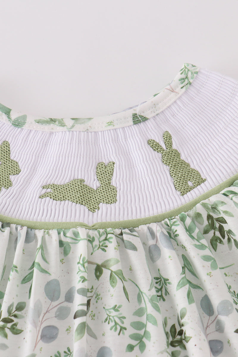 Sage leaf bunny embroidery smocked dress