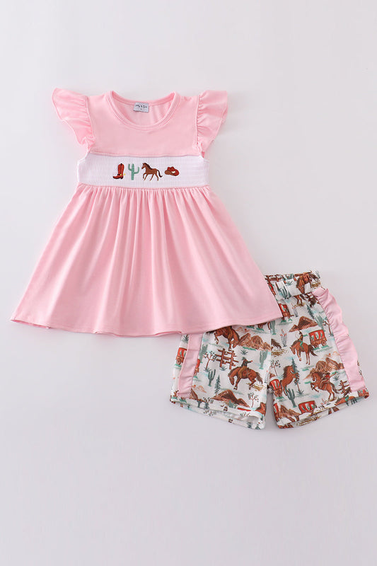 Pink western cowboy embroidery smocked set