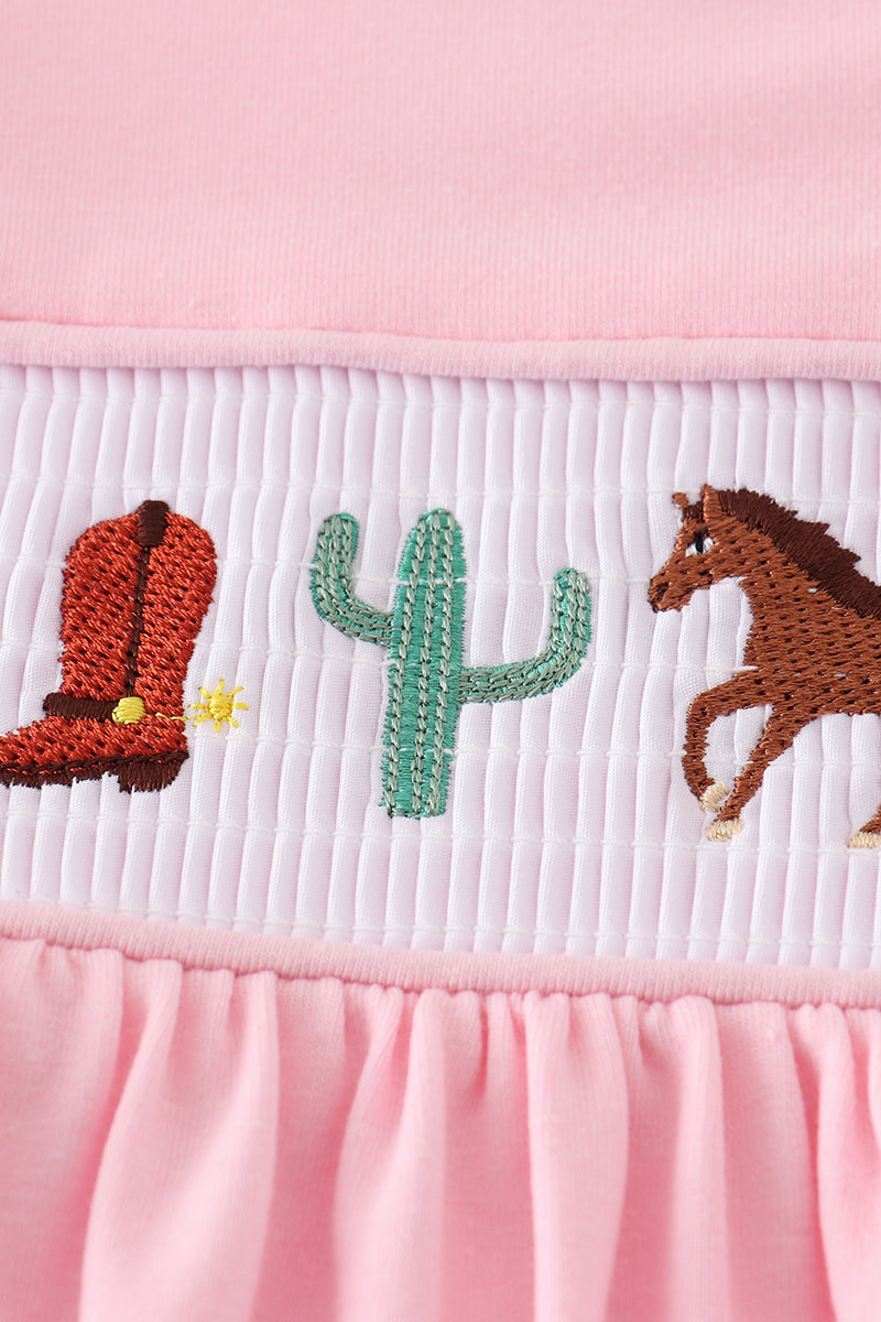 Pink western cowboy embroidery smocked set