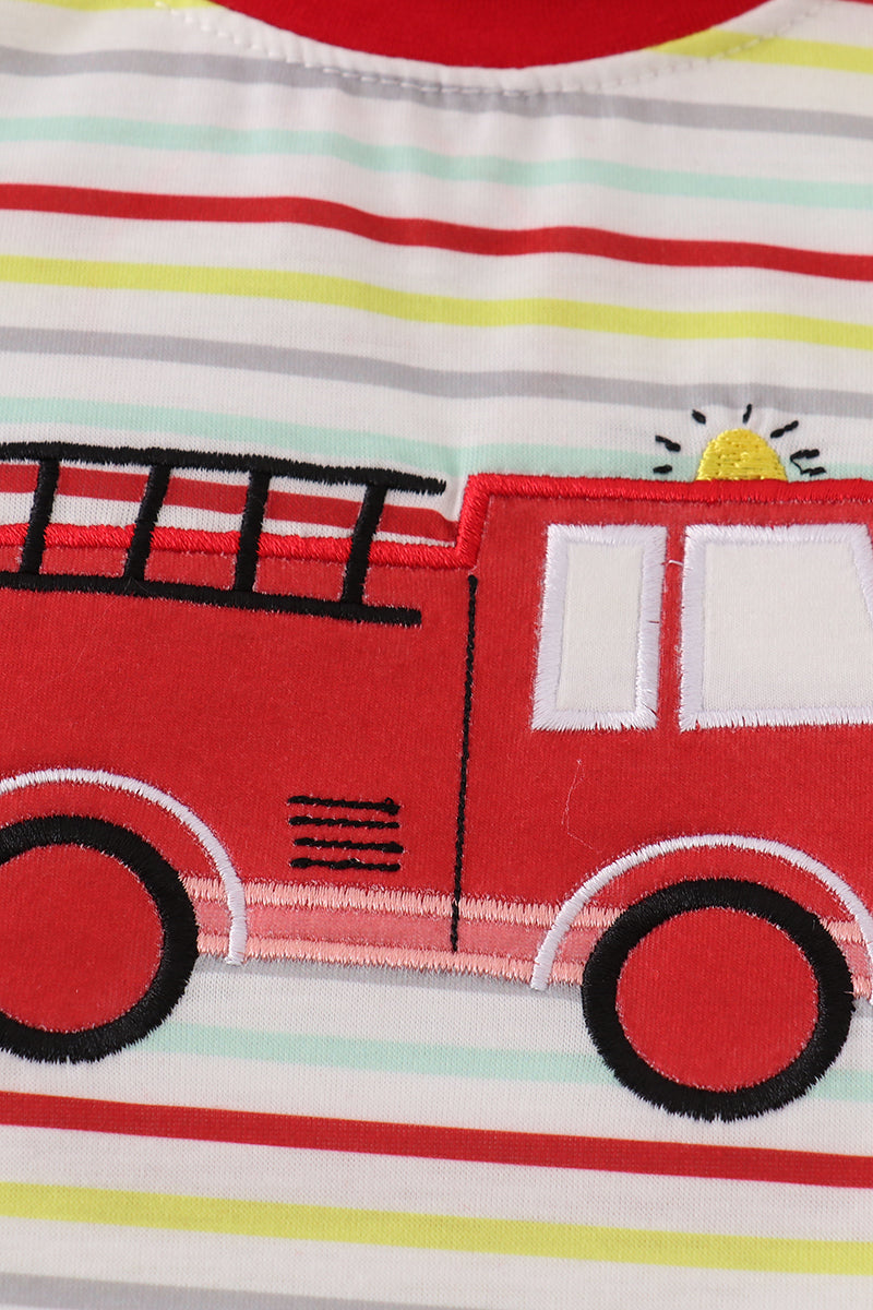 Red fire truck applique shorts set