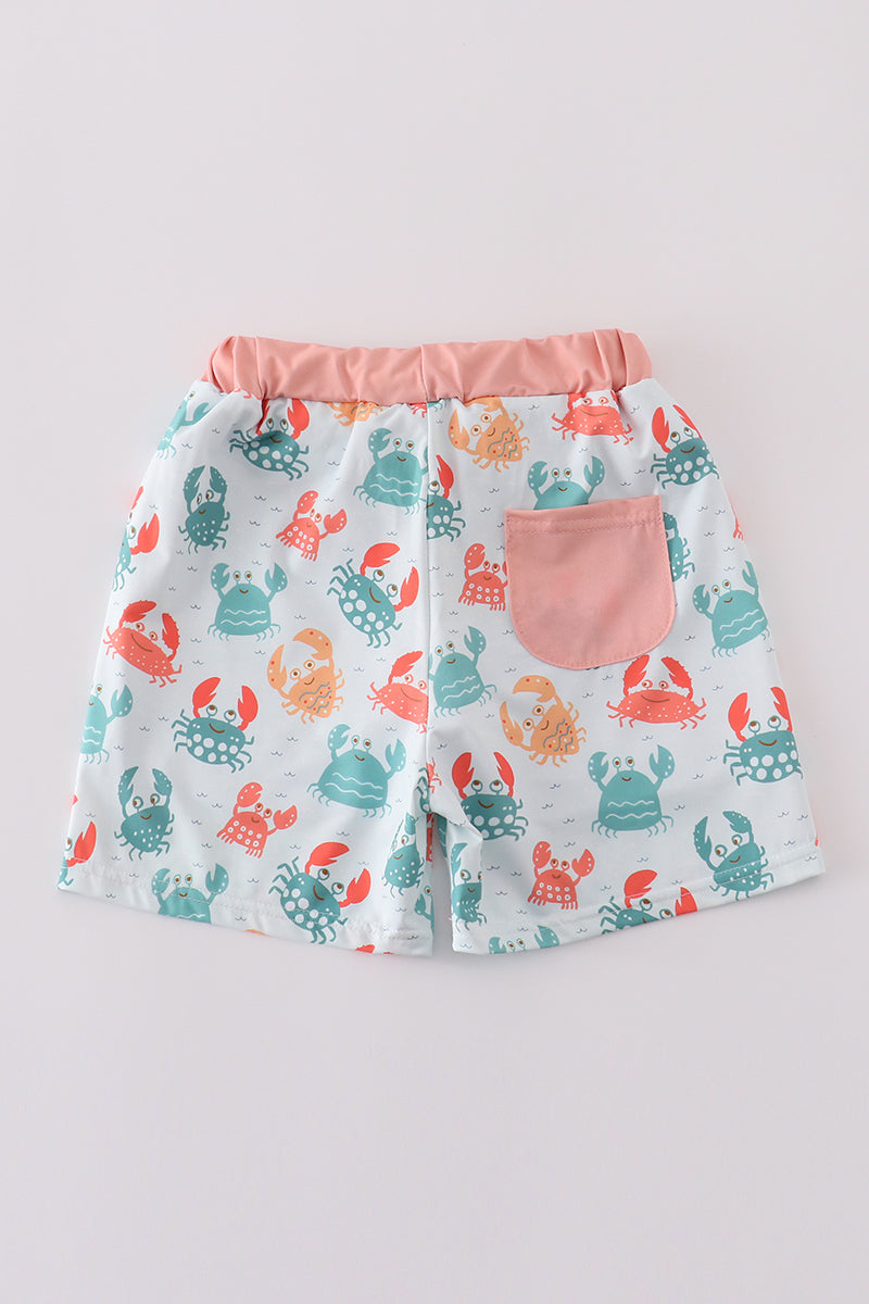 Green crab print swim trunks