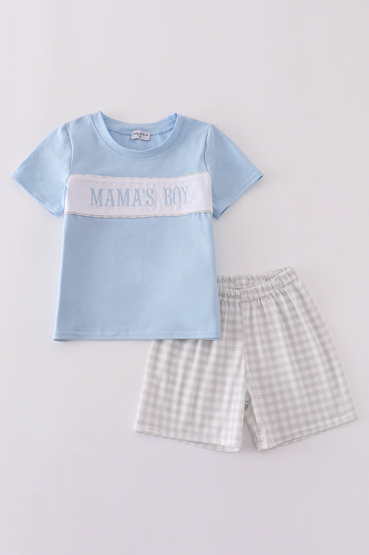 Blue MAMA'S embroidery shorts set