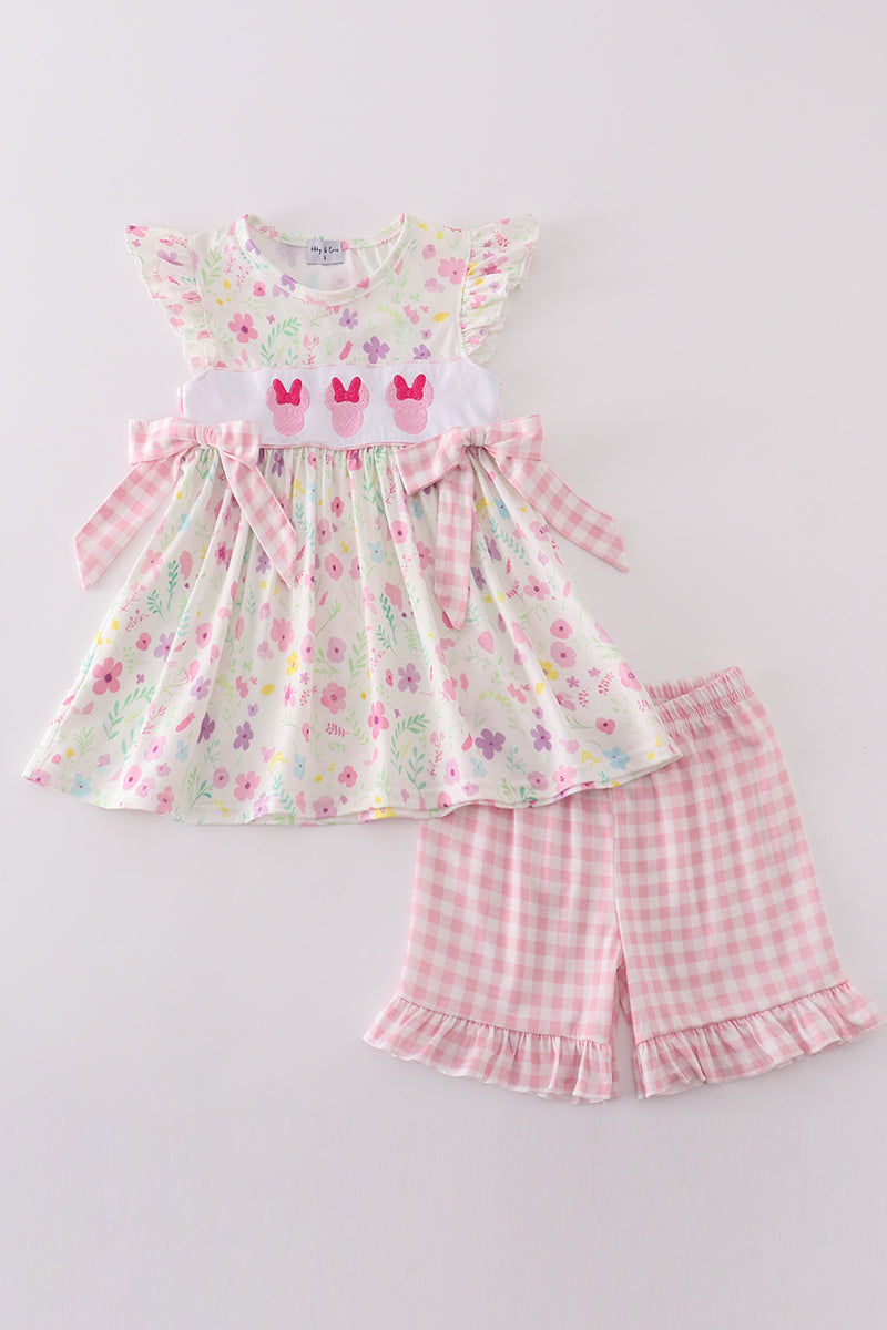 Pink floral mouse embroidery girl set