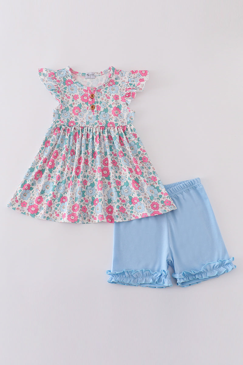 Blue floral print shorts set