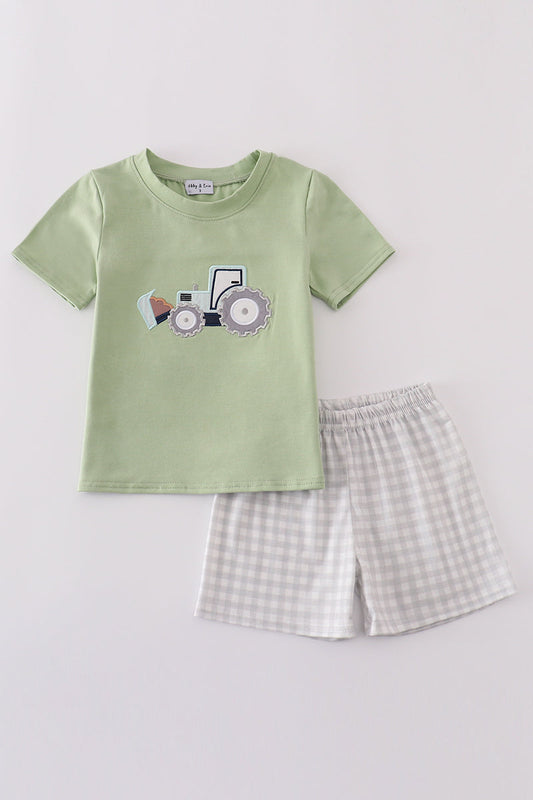 Green excavator applique shorts set