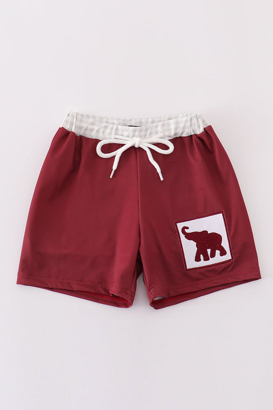 Maroon elephant embroidery swim trunks