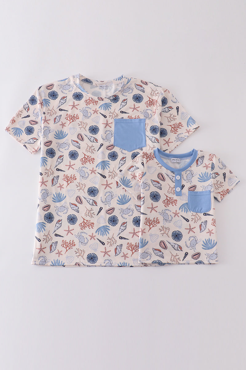 Blue ocean breeze shells print dad&me top