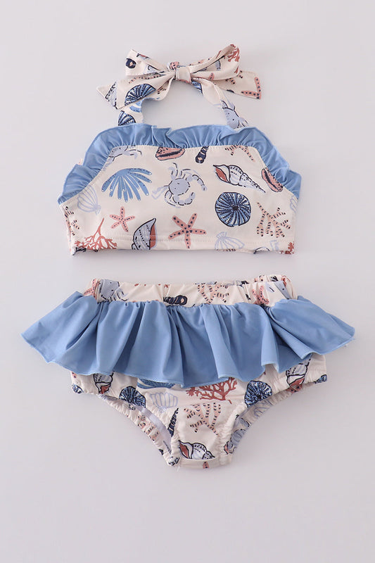 Blue ocean breeze shells print 2pc swimsuit