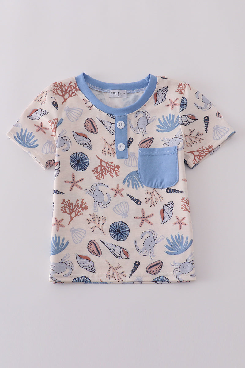 Blue ocean breeze shells print dad&me top