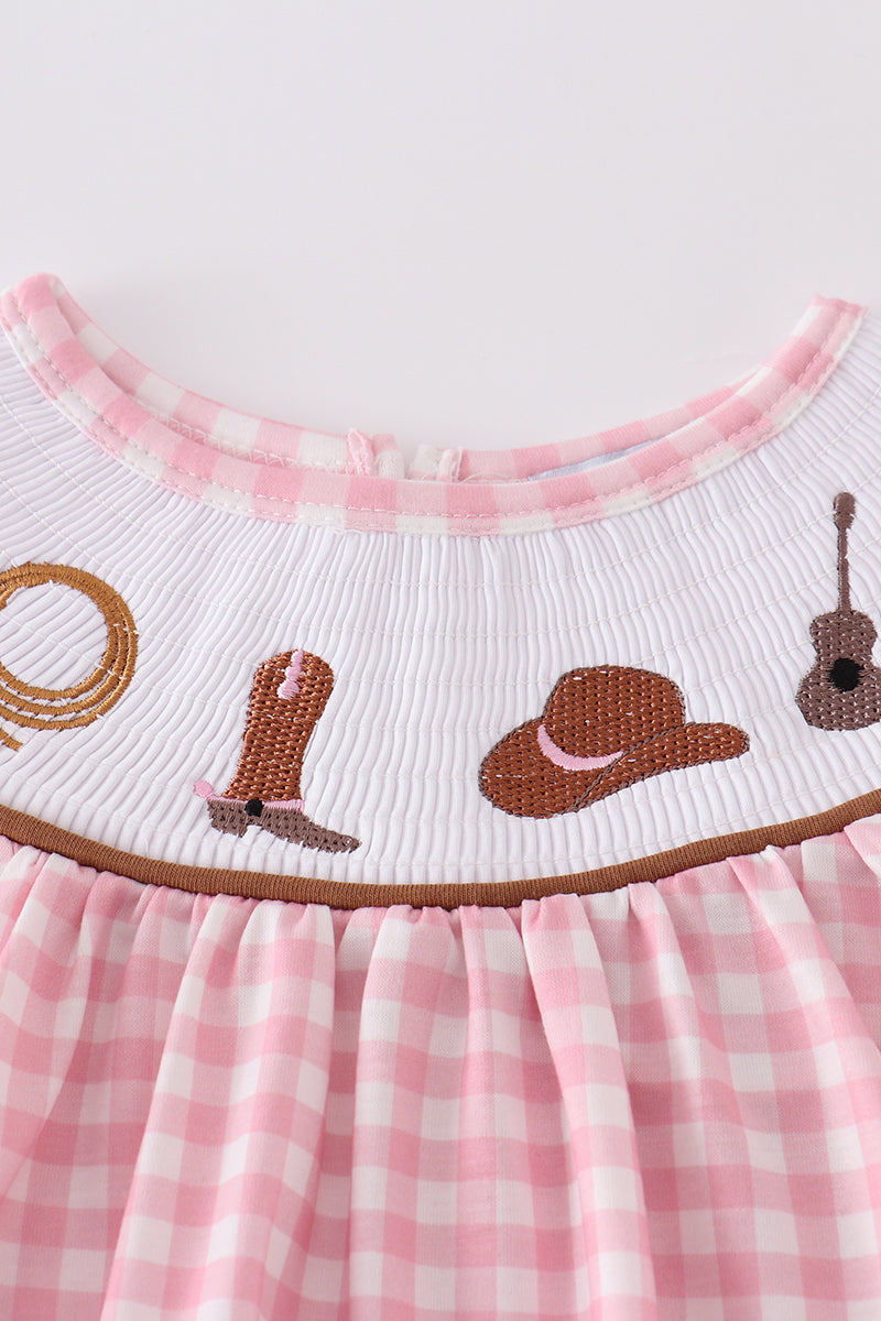 Pink western embroidery smocked dress