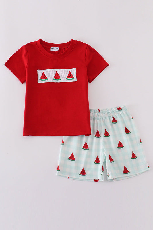 Red watermelon embroidery smocked set