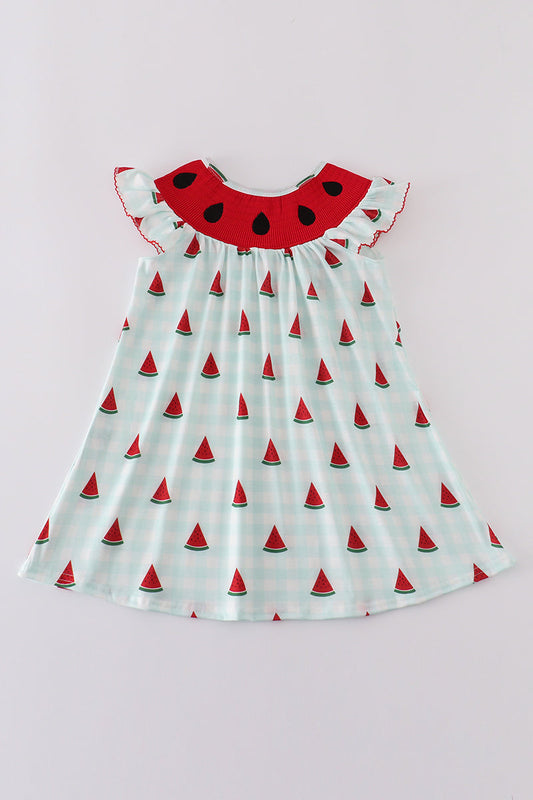 Red watermelon embroidery smocked dress