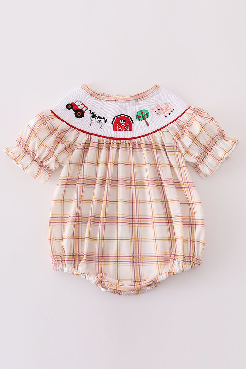 Khaki farm embroidery smocked plaid bubble