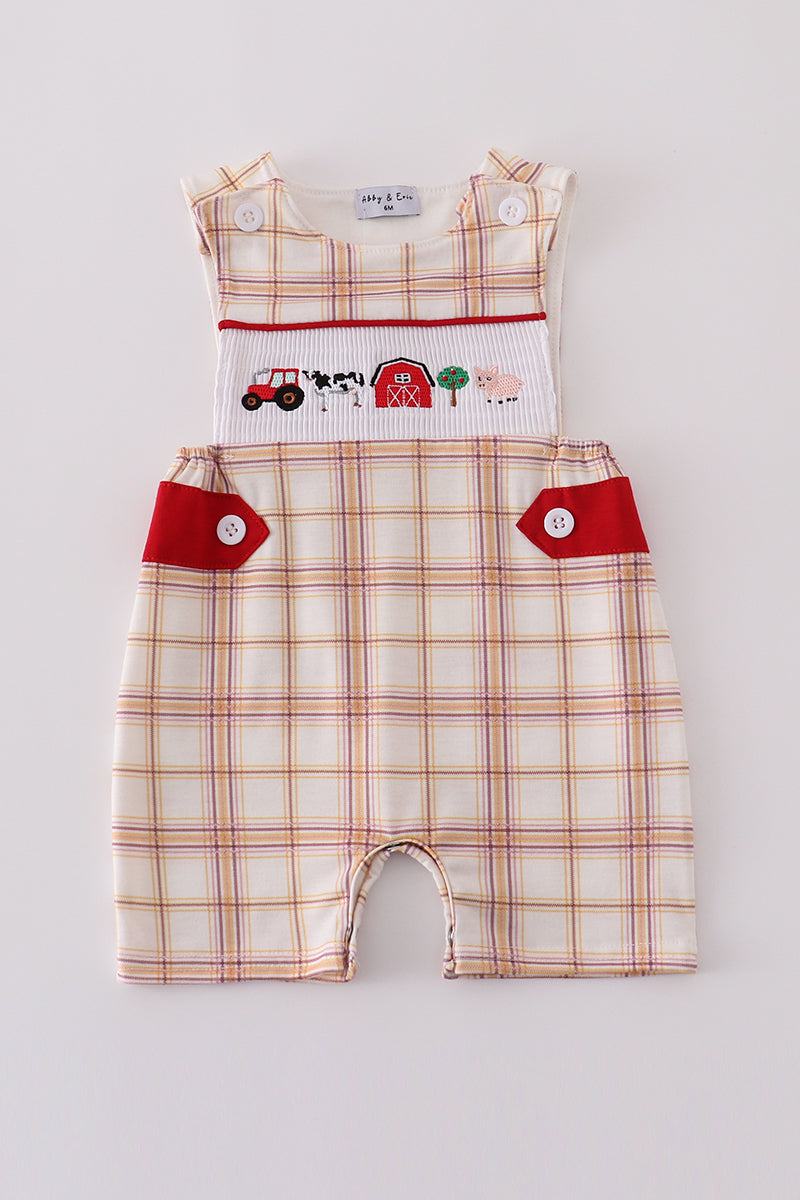 Khaki farm embroidery smocked plaid jonjon