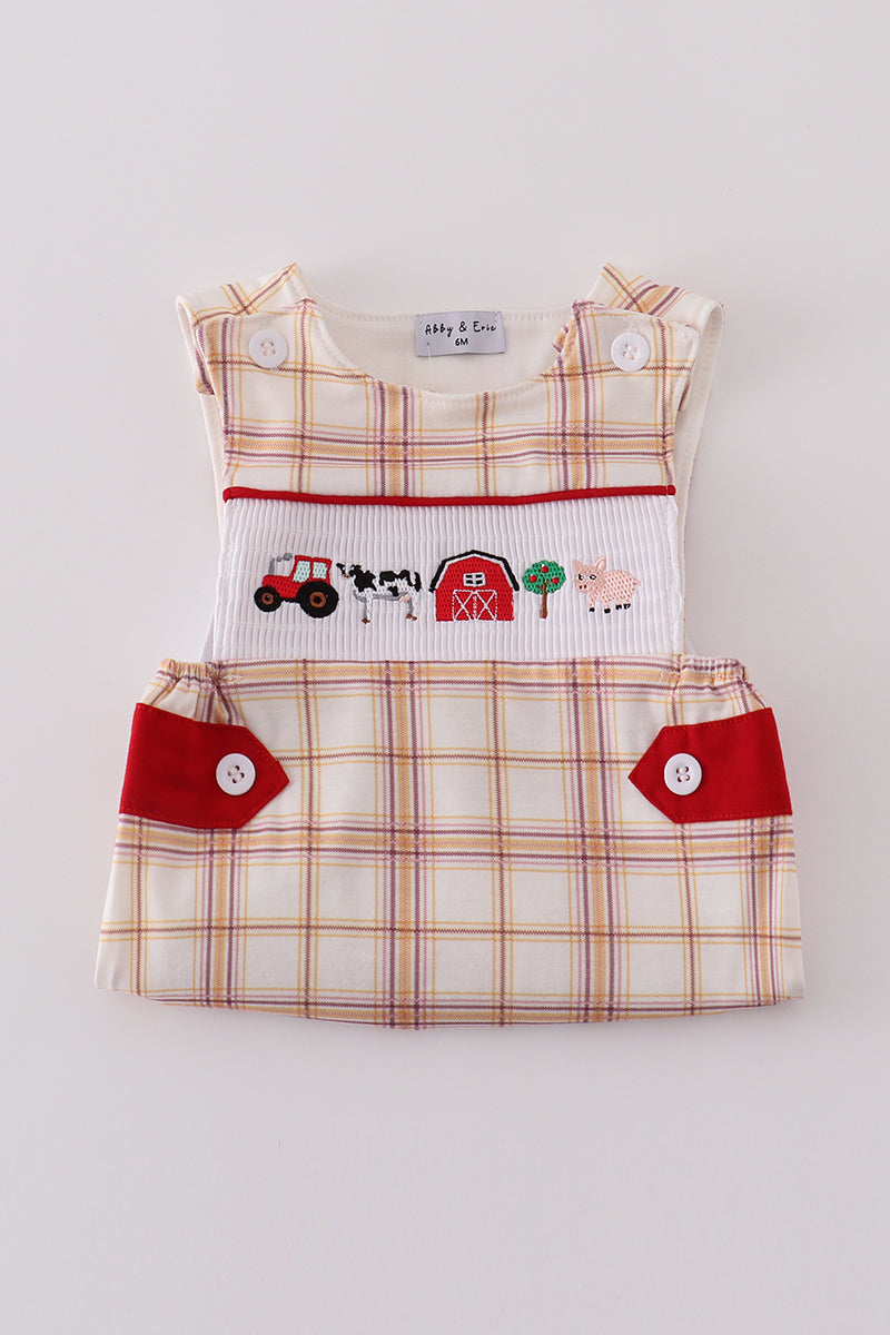 Khaki farm embroidery smocked plaid jonjon