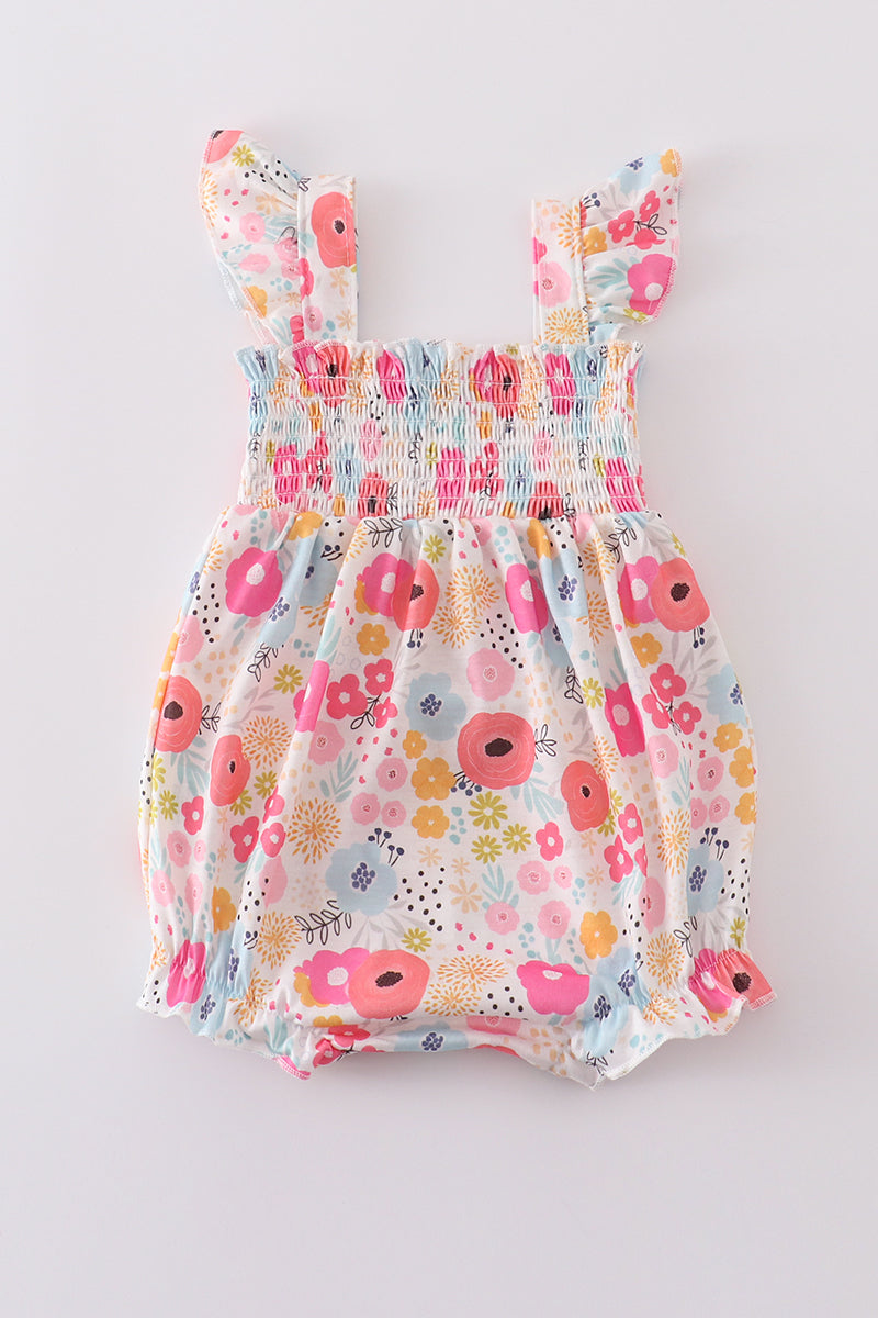 Pink floral print smocked bubble