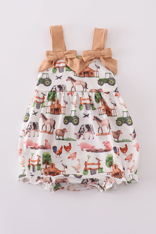 Khaki farm print bow girl bubble