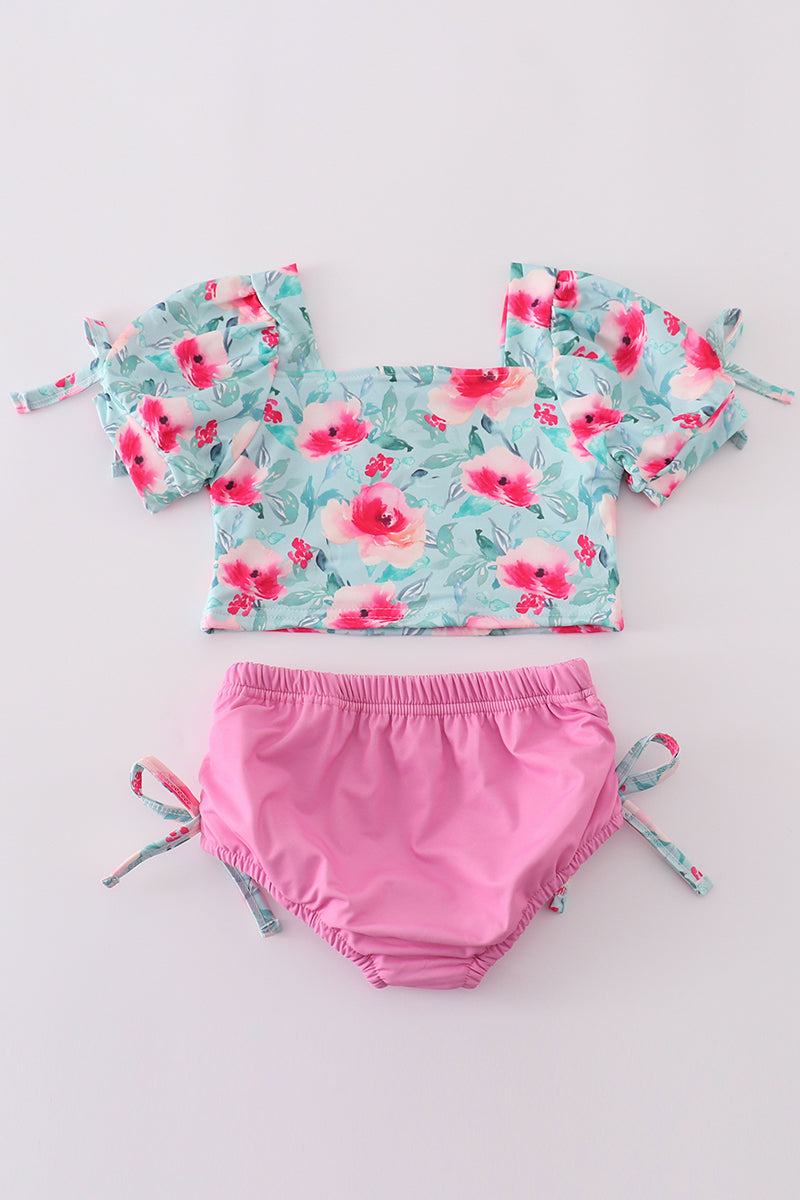 Blushing rose garden print girl 2pc swimsuit