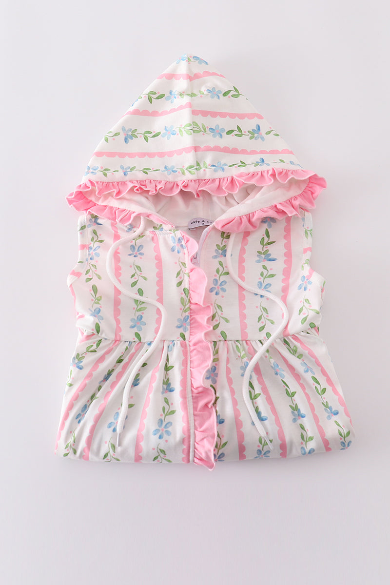 Pink floral print girl ruffle hoodie dress