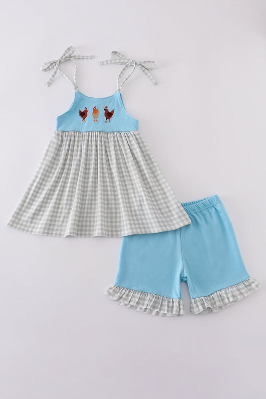 Blue farm chicken embroidery short set