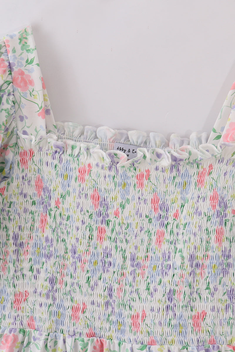 Floral print smocked mom dress