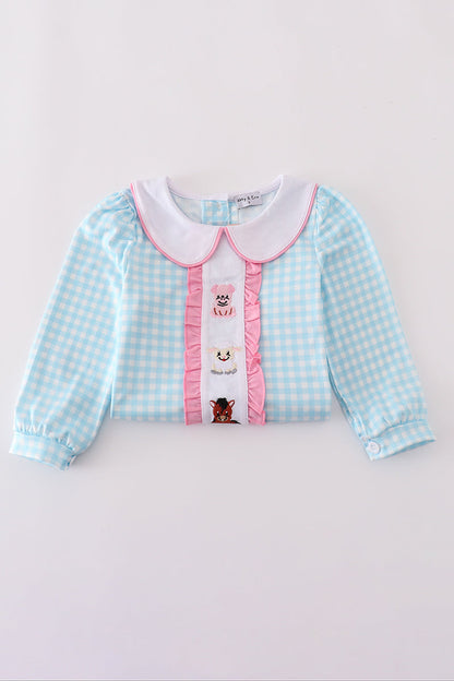 Blue farm embroidery gingham ruffle pants set